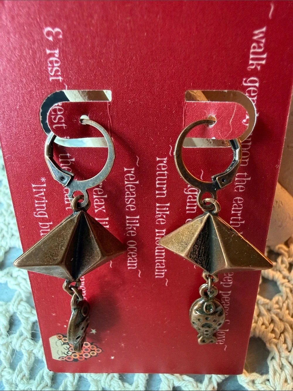 Geometric Copper Drop Earrings with Fish Charm